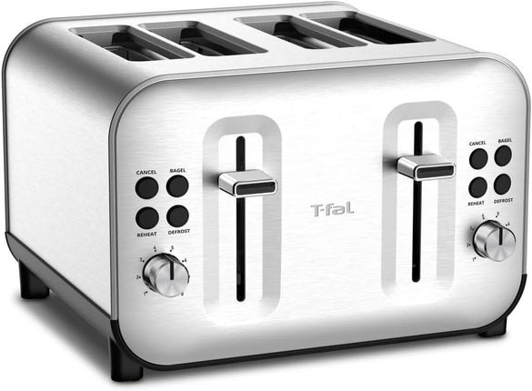 T-Fal TF684D50 Element Stainless Steel 4 Slice Toaster, toasts breads, Bagels Snacks, reheat, 8 Browning levers, Silver