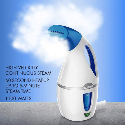 Conair Handheld Travel Garment Steamer for Clothes, CompleteSteam 1100W, for Home, Office and Travel,White/Blue