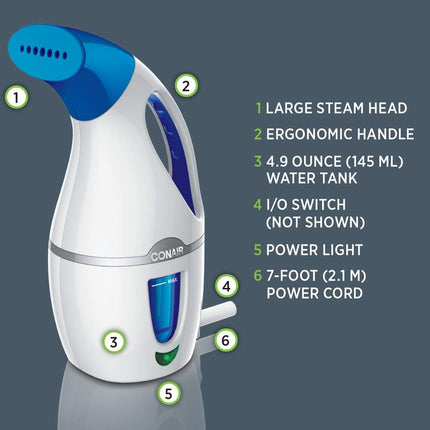 Conair Handheld Travel Garment Steamer for Clothes, CompleteSteam 1100W, for Home, Office and Travel,White/Blue