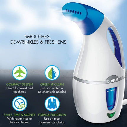 Conair Handheld Travel Garment Steamer for Clothes, CompleteSteam 1100W, for Home, Office and Travel,White/Blue