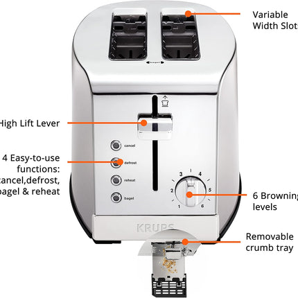 KRUPS 2 Slice Toaster with 6 browning levels and 4 easy-to-use functions, Stainless Steel, Silver