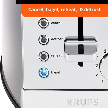 KRUPS 2 Slice Toaster with 6 browning levels and 4 easy-to-use functions, Stainless Steel, Silver