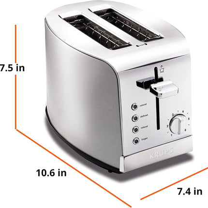 KRUPS 2 Slice Toaster with 6 browning levels and 4 easy-to-use functions, Stainless Steel, Silver