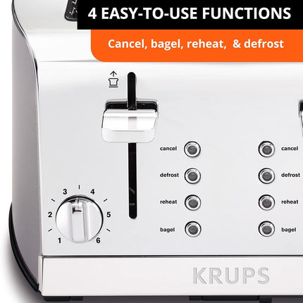 KRUPS: 4 Slice Toaster, Stainless Steel, 4 Functions, Cancel, Bagel, Reheat, Defrost, 1500 watts 6 Shade Settings, Removable Crumb Tray