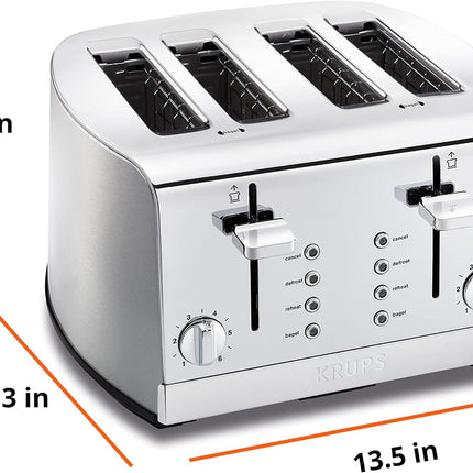 KRUPS: 4 Slice Toaster, Stainless Steel, 4 Functions, Cancel, Bagel, Reheat, Defrost, 1500 watts 6 Shade Settings, Removable Crumb Tray