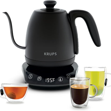 KRUPS Electric Kettle, Café Control Stainless Steel, Gooseneck Kettle, 1 Liter, 60 minute keep-warm, Electric Tea Kettle, sleek modern design Black