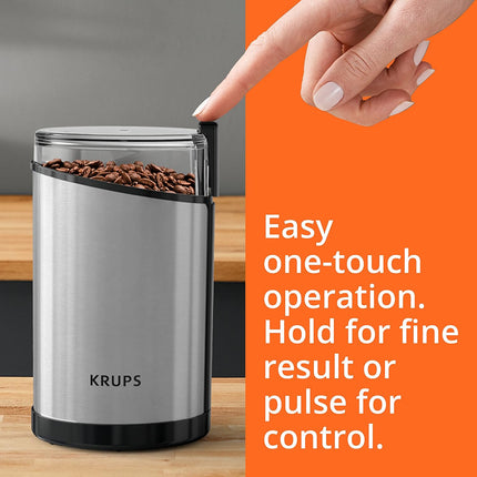 Krups Coffee Grinder, Fast-Touch, 3oz, 85g Bean Hopper - Easy to Use, One Touch Operation - 200 Watts - Espresso Grinder, Spice Grinder, 2 to 12 Cup Coffee Bean Grinder, Silver