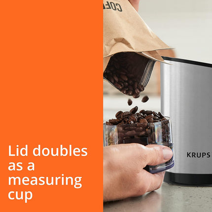 Krups Coffee Grinder, Fast-Touch, 3oz, 85g Bean Hopper - Easy to Use, One Touch Operation - 200 Watts - Espresso Grinder, Spice Grinder, 2 to 12 Cup Coffee Bean Grinder, Silver