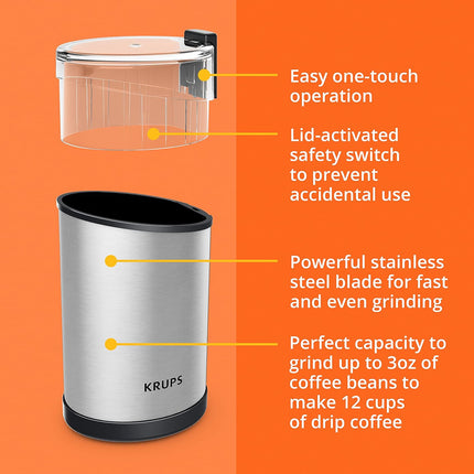 Krups Coffee Grinder, Fast-Touch, 3oz, 85g Bean Hopper - Easy to Use, One Touch Operation - 200 Watts - Espresso Grinder, Spice Grinder, 2 to 12 Cup Coffee Bean Grinder, Silver