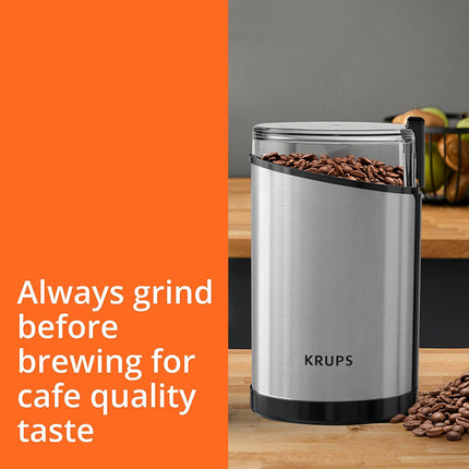 Krups Coffee Grinder, Fast-Touch, 3oz, 85g Bean Hopper - Easy to Use, One Touch Operation - 200 Watts - Espresso Grinder, Spice Grinder, 2 to 12 Cup Coffee Bean Grinder, Silver