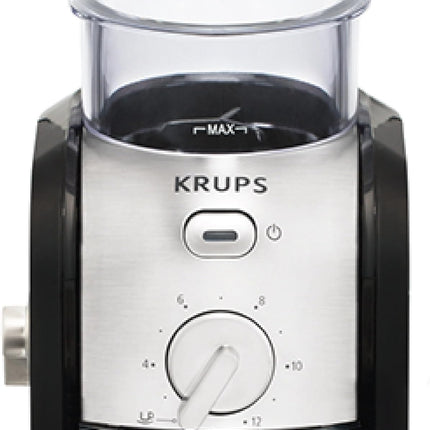 KRUPS Grind Size and Cup Selection and Stainless Steel Flat Burr Coffee Grinder, 8-Ounce, Black and Metal, GVX212
