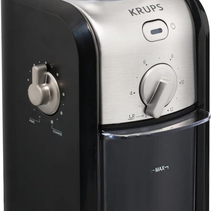 KRUPS Grind Size and Cup Selection and Stainless Steel Flat Burr Coffee Grinder, 8-Ounce, Black and Metal, GVX212