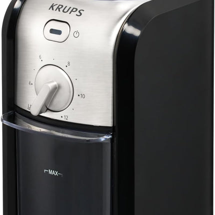KRUPS Grind Size and Cup Selection and Stainless Steel Flat Burr Coffee Grinder, 8-Ounce, Black and Metal, GVX212