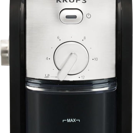 KRUPS Grind Size and Cup Selection and Stainless Steel Flat Burr Coffee Grinder, 8-Ounce, Black and Metal, GVX212