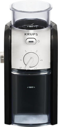 KRUPS Grind Size and Cup Selection and Stainless Steel Flat Burr Coffee Grinder, 8-Ounce, Black and Metal, GVX212