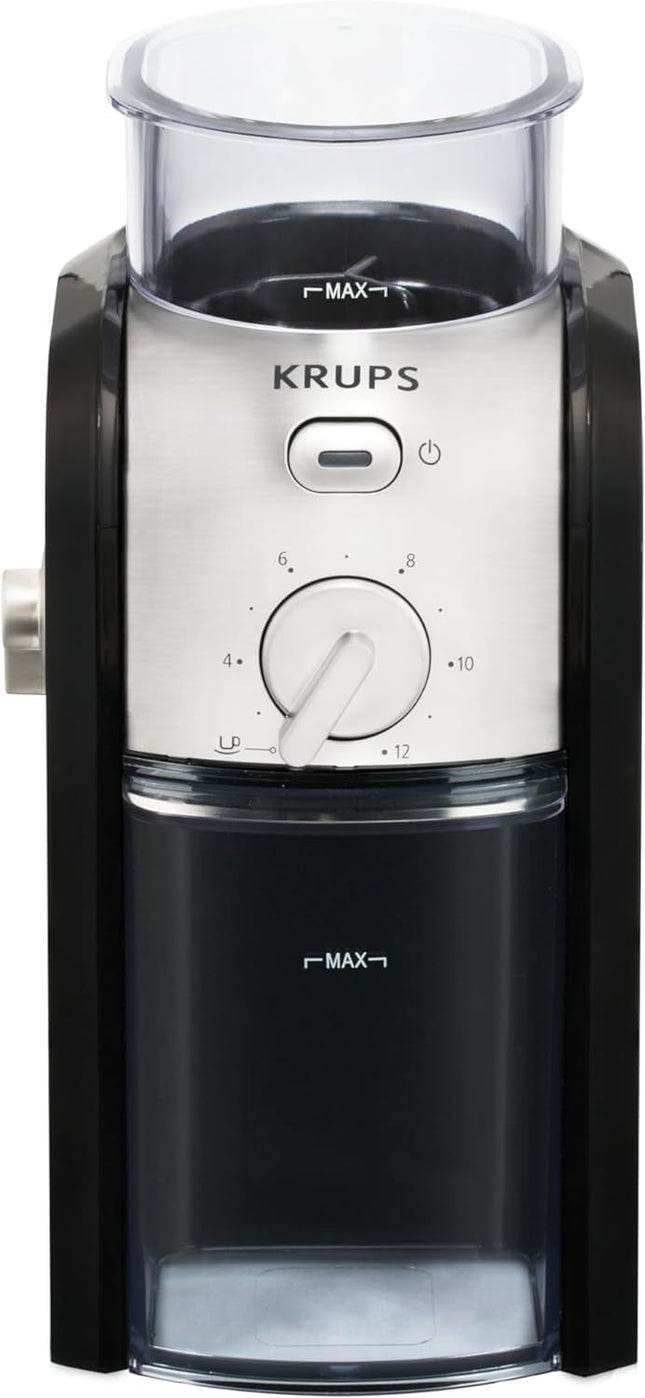 KRUPS Grind Size and Cup Selection and Stainless Steel Flat Burr Coffee Grinder, 8-Ounce, Black and Metal, GVX212
