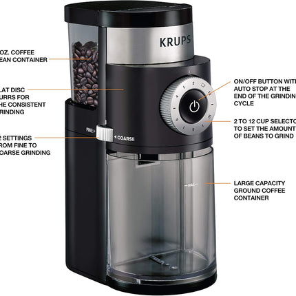 Moulin à meules plates en acier inoxydable de précision Krups 8 oz, 32 tasses Réservoir à grains 12 moutures de fine à grossière 110 watts Récipient amovible, goutte à goutte, presse, expresso, infusion à froid, 2,12 tasses de café moulu Noir 