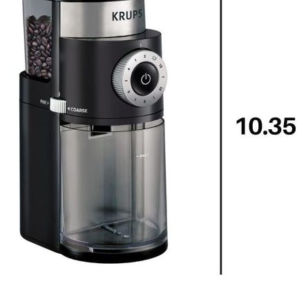 Moulin à meules plates en acier inoxydable de précision Krups 8 oz, 32 tasses Réservoir à grains 12 moutures de fine à grossière 110 watts Récipient amovible, goutte à goutte, presse, expresso, infusion à froid, 2,12 tasses de café moulu Noir 