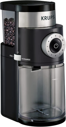 Moulin à meules plates en acier inoxydable de précision Krups 8 oz, 32 tasses Réservoir à grains 12 moutures de fine à grossière 110 watts Récipient amovible, goutte à goutte, presse, expresso, infusion à froid, 2,12 tasses de café moulu Noir 