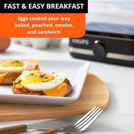 Cuiseur à œufs électrique Krups Simply en plastique et acier inoxydable 6 œufs 400 watts à la coque, à la coque et à la coque, pochés, brouillés, omelettes, cuisson rapide, noir 