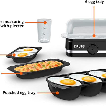 Cuiseur à œufs électrique Krups Simply en plastique et acier inoxydable 6 œufs 400 watts à la coque, à la coque et à la coque, pochés, brouillés, omelettes, cuisson rapide, noir 