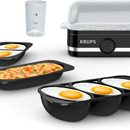 Cuiseur à œufs électrique Krups Simply en plastique et acier inoxydable 6 œufs 400 watts à la coque, à la coque et à la coque, pochés, brouillés, omelettes, cuisson rapide, noir 