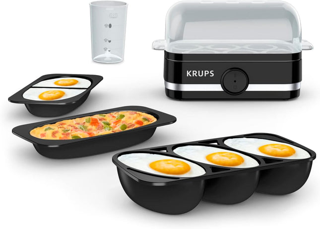 Krups Simply Electric Plastic and Stainless Steel Egg Cooker 6 Eggs 400 Watts Hard, Medium, and Soft Boiled, Poached, Scrambled, Omelets, Rapid Cook Black