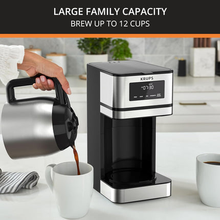 Krups Simply Brew Stainless Steel and Thermal Carafe Drip Coffee Maker 14 Cup Programmable, Customizable, Digital Display, Insulated Coffee Filter, Dishwasher Safe, Drip Free Silver and Black