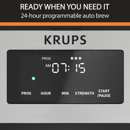 Krups Simply Brew Stainless Steel and Thermal Carafe Drip Coffee Maker 14 Cup Programmable, Customizable, Digital Display, Insulated Coffee Filter, Dishwasher Safe, Drip Free Silver and Black