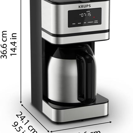 Krups Simply Brew Stainless Steel and Thermal Carafe Drip Coffee Maker 14 Cup Programmable, Customizable, Digital Display, Insulated Coffee Filter, Dishwasher Safe, Drip Free Silver and Black