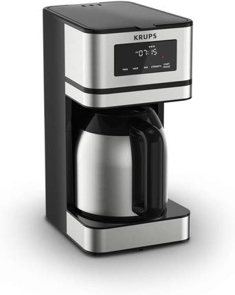 Krups Simply Brew Stainless Steel and Thermal Carafe Drip Coffee Maker 14 Cup Programmable, Customizable, Digital Display, Insulated Coffee Filter, Dishwasher Safe, Drip Free Silver and Black
