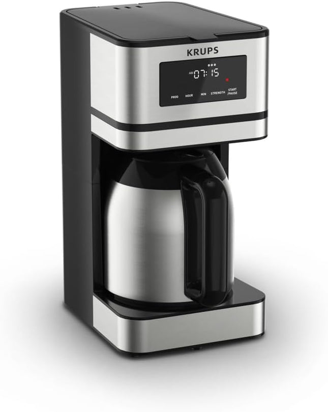 Krups Simply Brew Stainless Steel and Thermal Carafe Drip Coffee Maker 14 Cup Programmable, Customizable, Digital Display, Insulated Coffee Filter, Dishwasher Safe, Drip Free Silver and Black