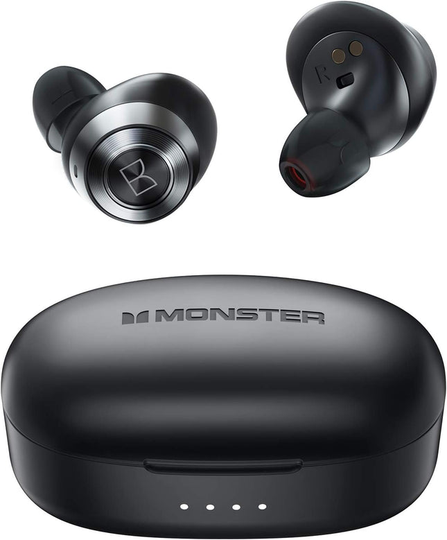 Écouteurs sans fil Monster Achieve 100 AirLinks, charge ultra rapide, écouteurs stéréo intra-auriculaires Bluetooth 5.0 avec étui de chargement USB-C, micro intégré pour des appels clairs, conception résistante à l'eau pour le sport.