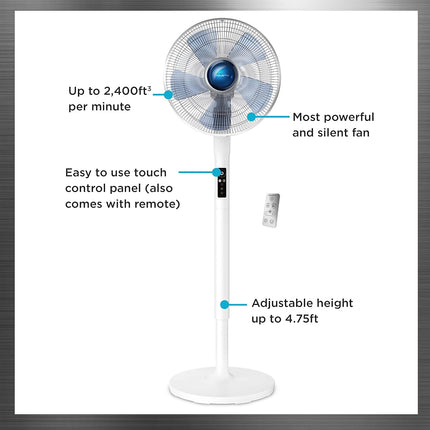 Rowenta Turbo Silence Extreme+ Stand Fan, Powerful, Remote Control, Auto-Off Timer, Automatic Oscillation, Model VU5870U1, White