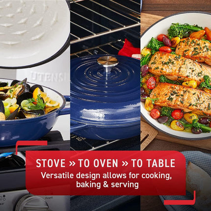 T-fal Cast Iron Enameled Casserole Dish 3.5 Quart Induction Oven Broiler Safe 500F Pots and Pans, Cookware Blue