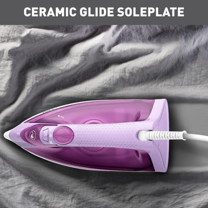 T-fal Steam Essential Plus Fer à vapeur avec semelle en céramique pour vêtements respectueux de l'environnement avec gâchette vapeur 1200 W, repassage à la vapeur programmable FV1955Q1, violet 