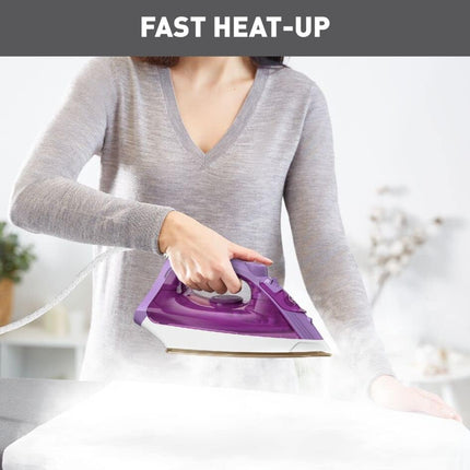 T-fal Steam Essential Plus Fer à vapeur avec semelle en céramique pour vêtements respectueux de l'environnement avec gâchette vapeur 1200 W, repassage à la vapeur programmable FV1955Q1, violet 