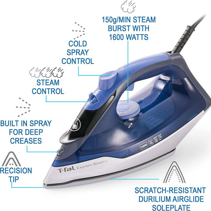 T-fal FV2886U0 Express Steam Garment Iron, Blue, Fast results, Powerful Steam Boost, 5 settings, Safety Auto-off