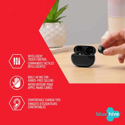 Bluehive Bluepods True Wireless Earbuds with 22 Hour Battery Life & Fast Charging, Black