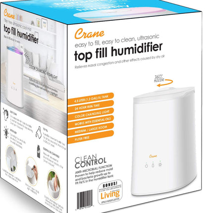 Crane EE-6909 Ultrasonic Cool Mist Top-Fill Air Humidifier, Aroma Diffuser & Night-Light, White, 4.5-L