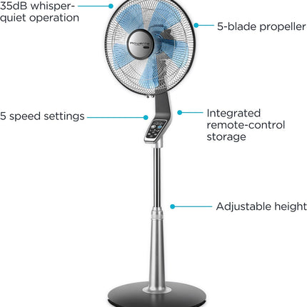 Rowenta VU5670 Turbo silence Stand Fan Oscillating Fan with Remote Control, Standing Fan, 5-speed, Silver