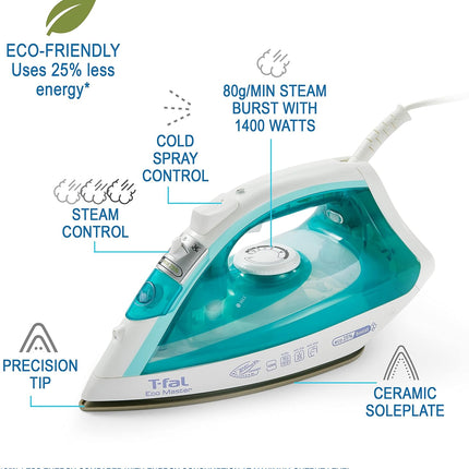 T-fal Ecomaster Ceramic Soleplate Steam Iron for Clothes Eco-Friendly with Steam Trigger 1400 Watts Ironing, Programmable Steaming FV1742U0, Blue